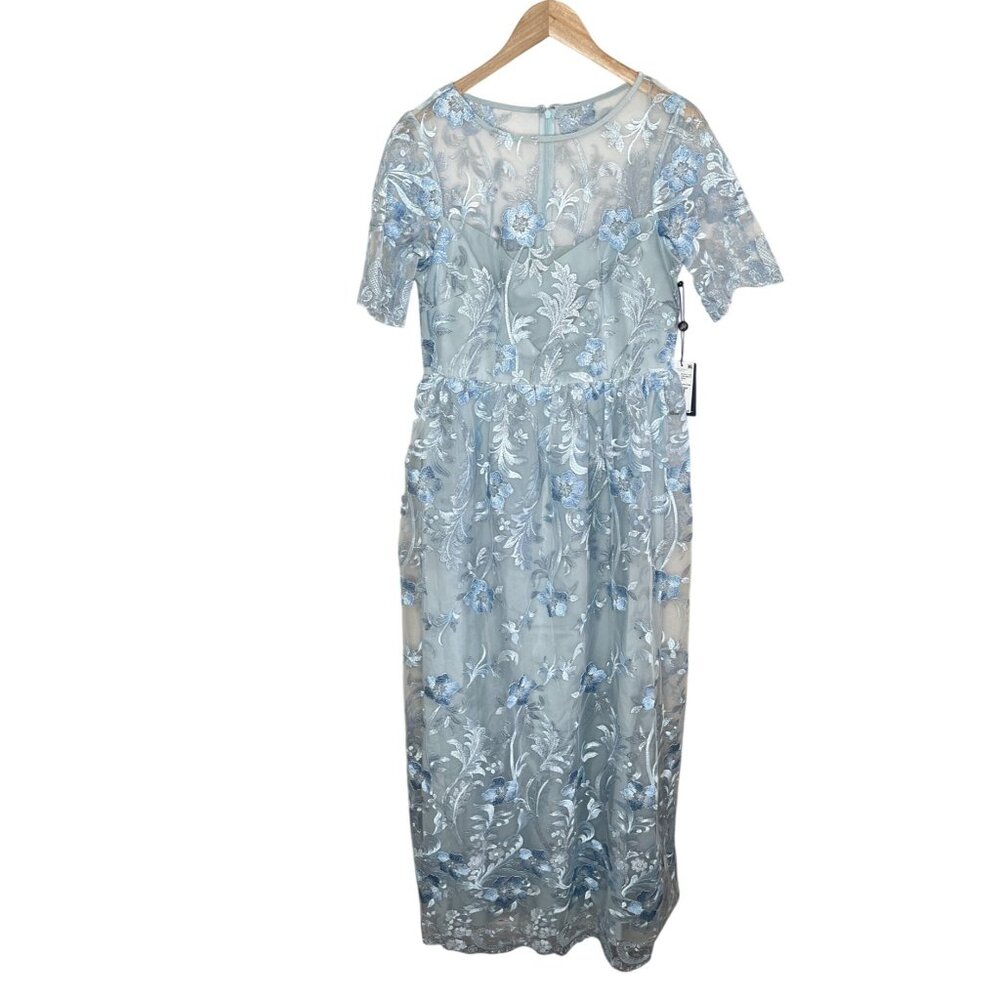 Adrianna Papell Light Blue Embroidered A-Line Long Gown Short Sleeves Formal 10